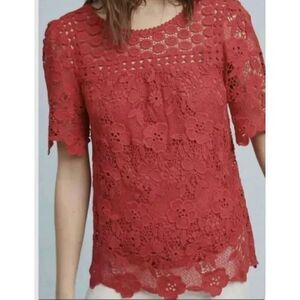 Vanessa Virginia 6 (Anthropologie) Candace Red Lace Crochet SS Lined Blouse.